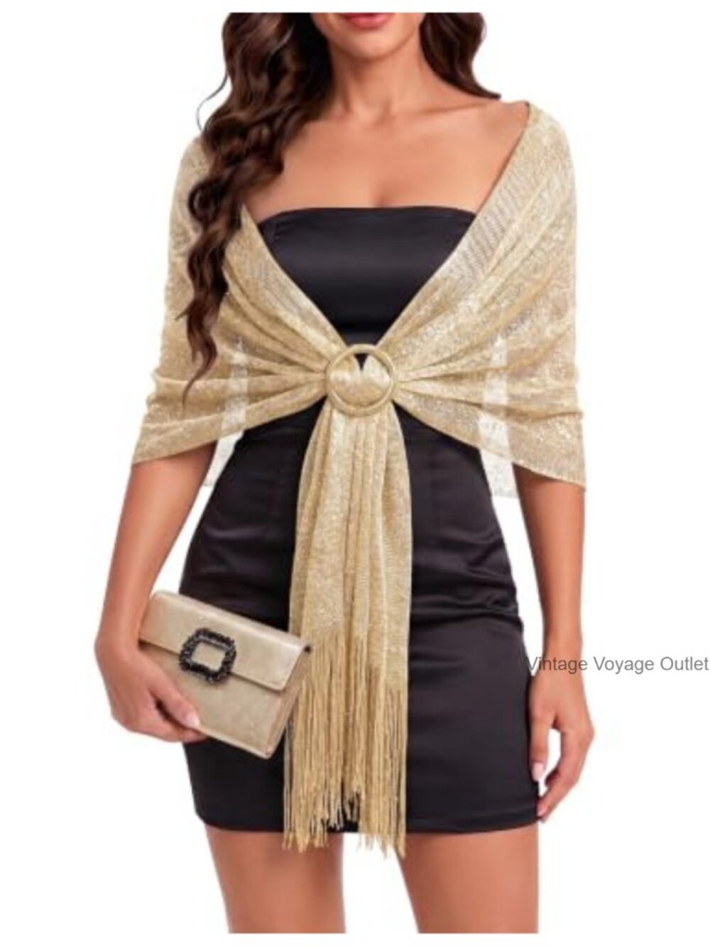 Metallic Glitter Shawl Wrap Tassel Fringe Evening Scarf Buckle Included